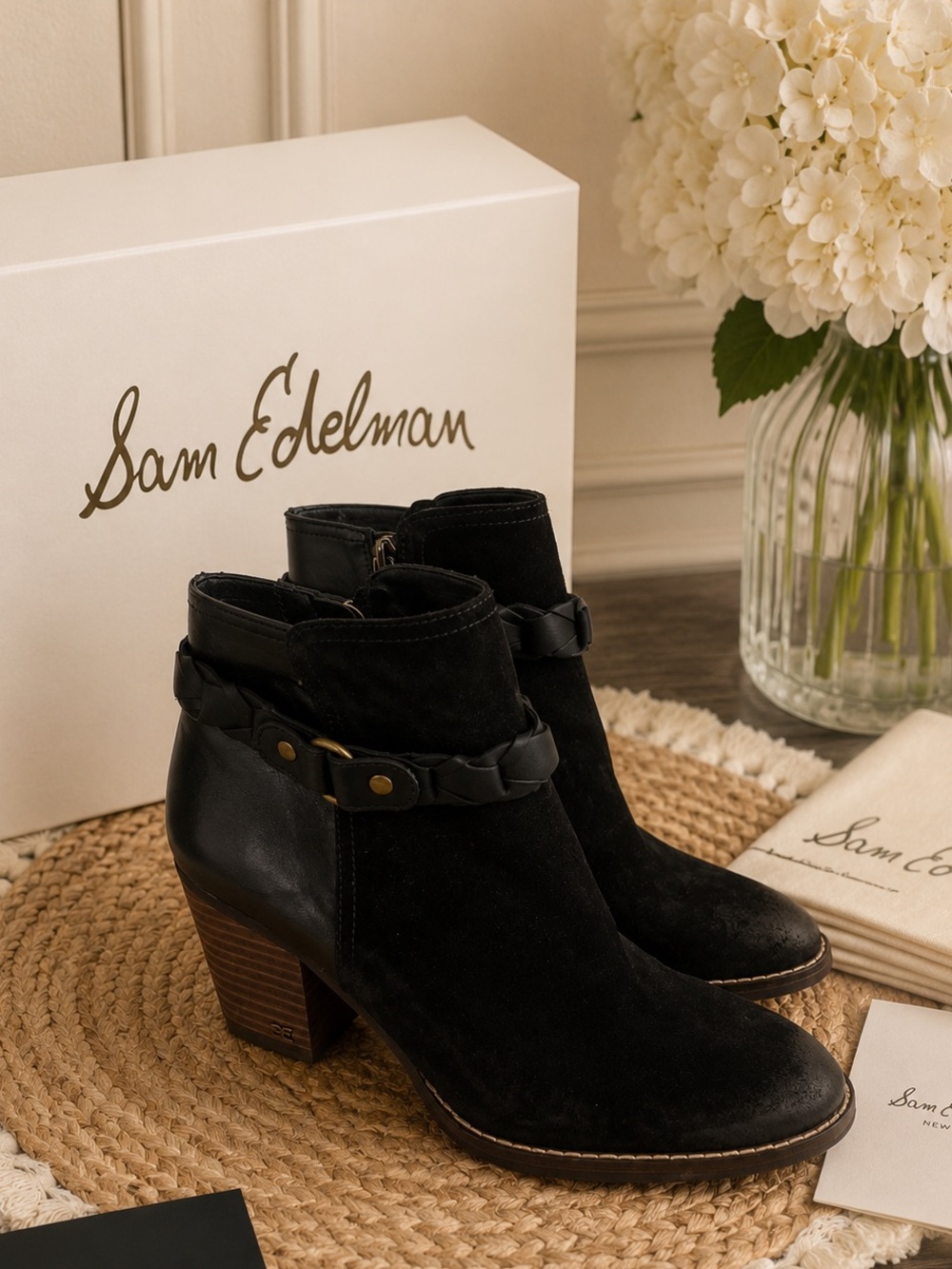 Sam Edelman Black Suede Leather Braided Strap Ankle Boots 9.5 Block Heel Booties
